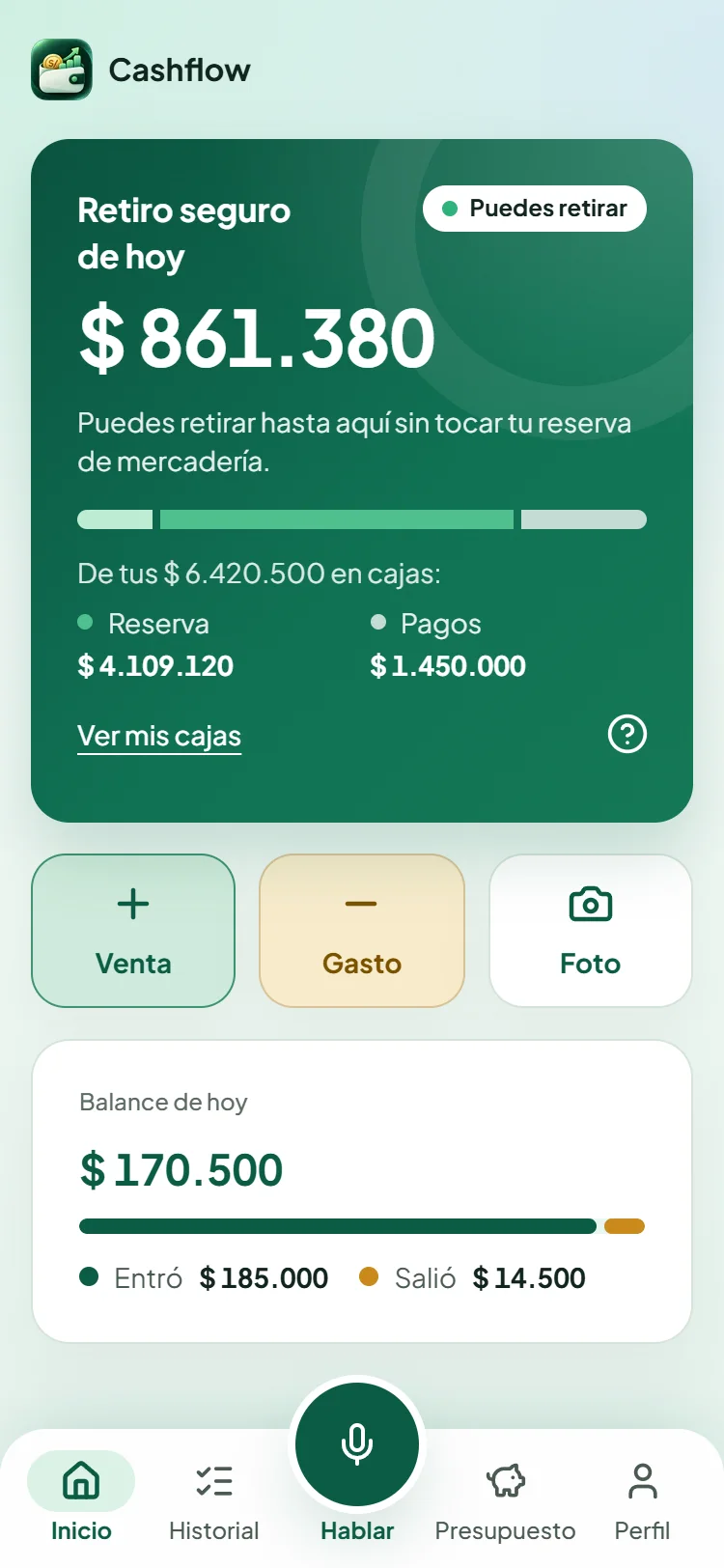 Pantalla Hoy con tu sueldo seguro y el semáforo en verde